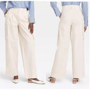NWT A New Day Stretch High Waisted‎ Wide Leg Cargo Pants Cream Women's Size 4